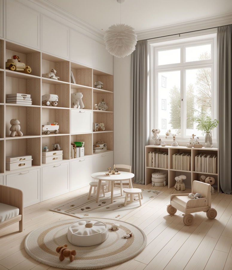 Playroom iluminación blanco y madera
